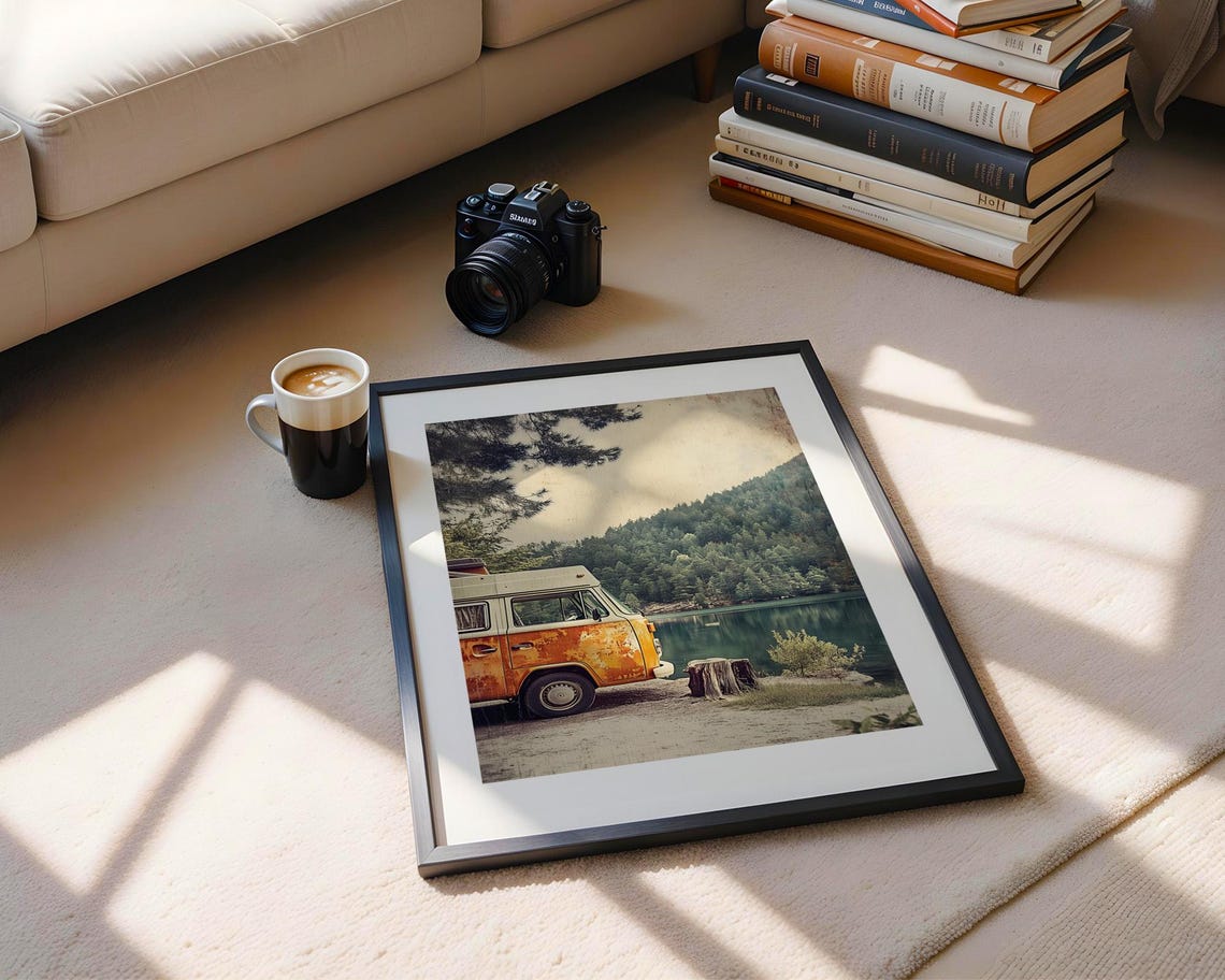 Vintage Camper Van Lakeside Mountain Travel Road Trip Poster - Image 5