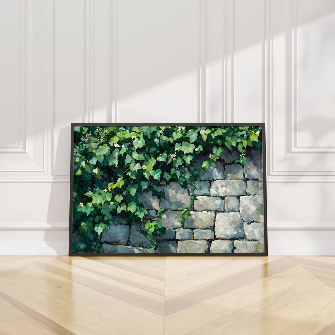 Green Ivy Cascading Over Rustic Stone Wall Botanical Art Poster