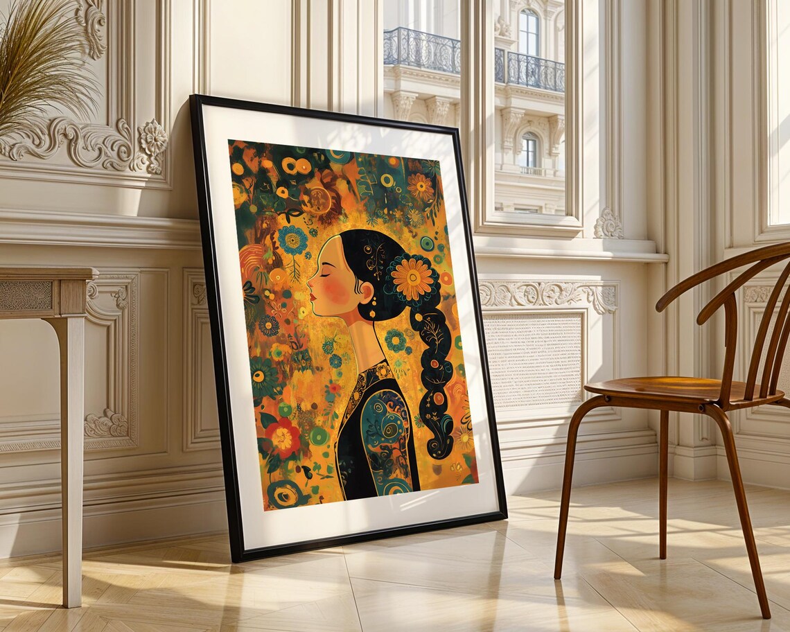 Art Nouveau Woman Floral Profile Klimt Style Gold Decorative Poster