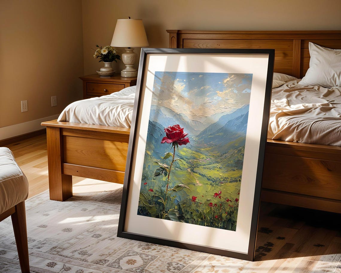 Single Red Rose Mountain Valley Oil Painting Landscape Art Poster - Image 4