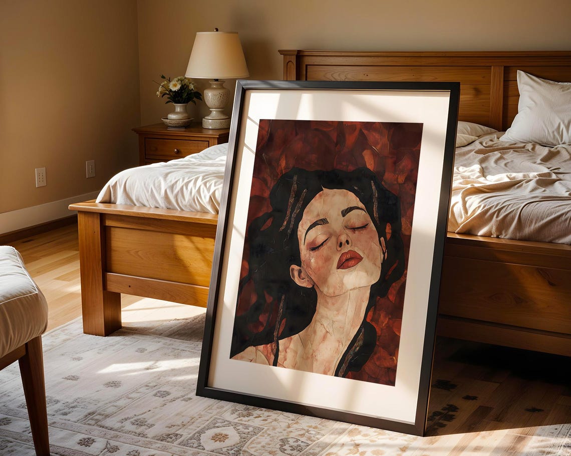 Woman With Closed Eyes Deep Red Expressive Portrait Art Poster - Image 5