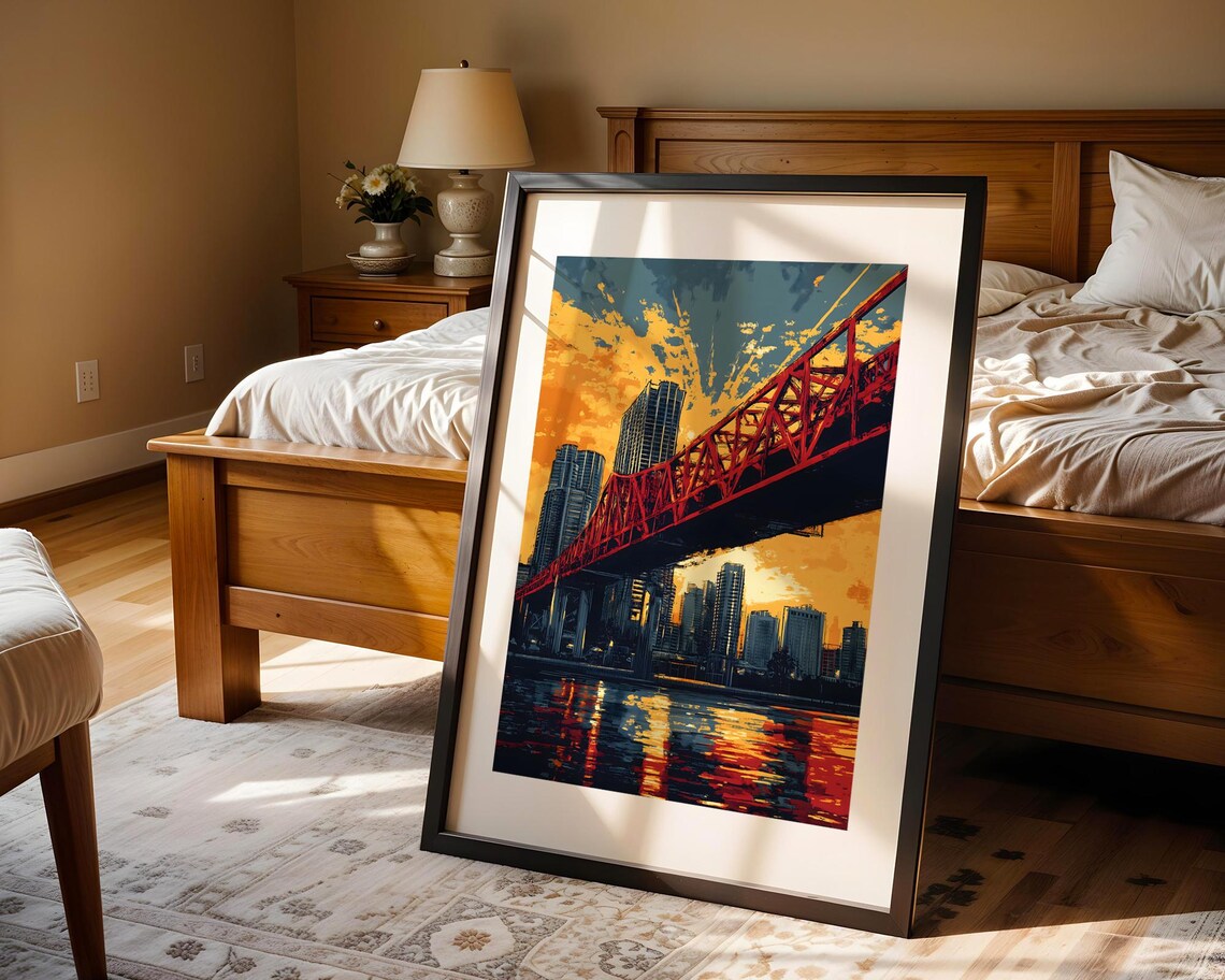 Red Steel Bridge Sunset City Skyline Vintage Pop Artwork Art Poster - Image 4