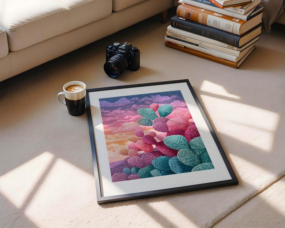 Colorful Prickly Pear Cactus Sunset Pointillism Desert Poster - Image 5