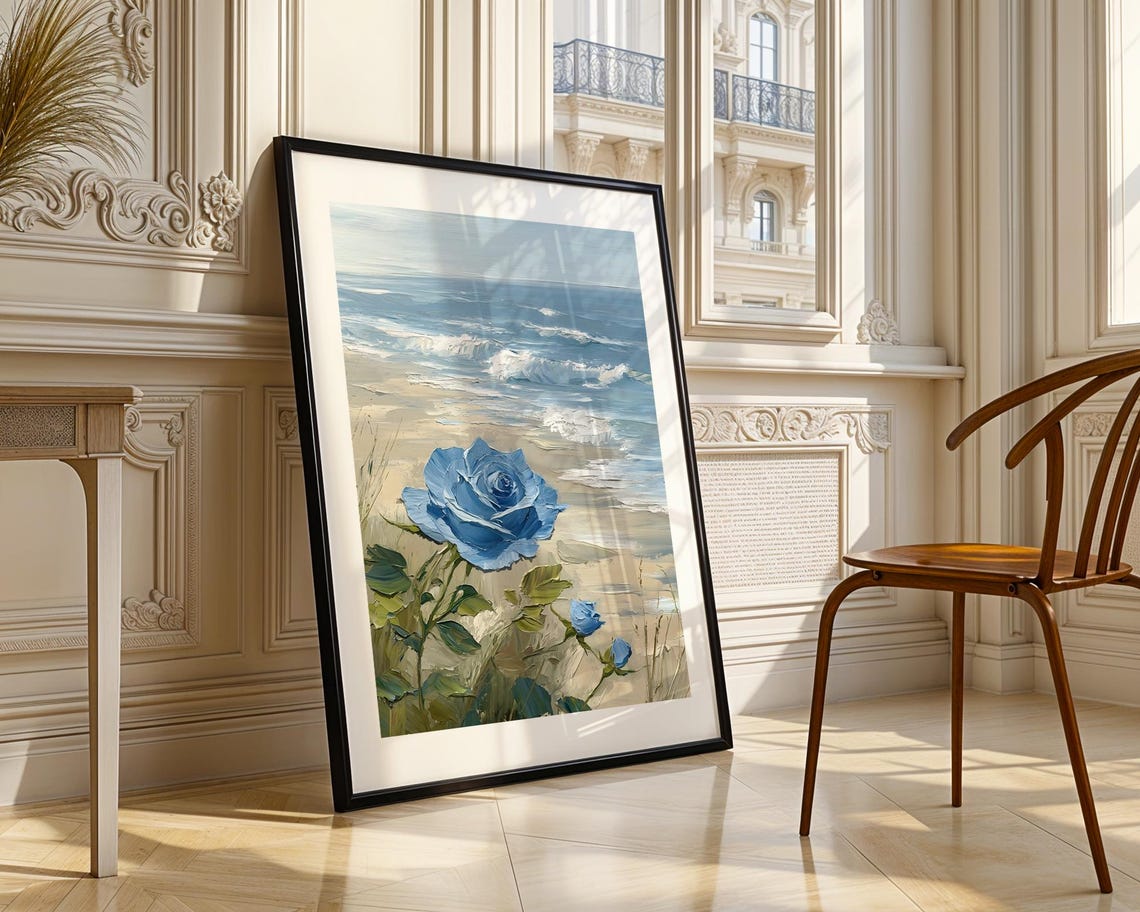 Blue Rose Beach Seascape Ocean Waves Coastal Oil Painting Poster - Image 3