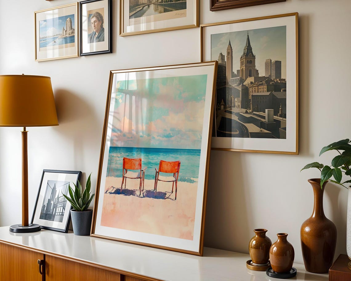 Two Orange Chairs Beach Scene Turquoise Ocean Watercolor Art Poster - Image 2