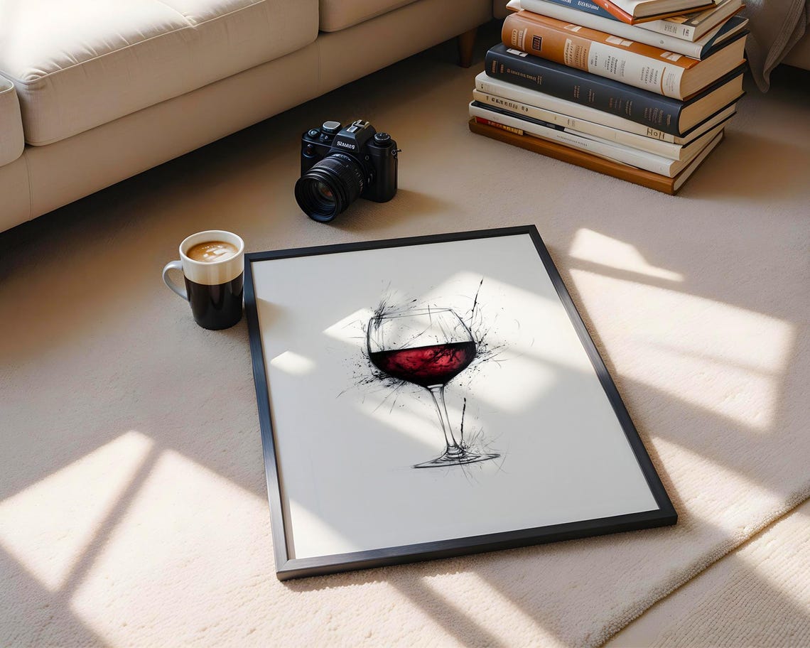 Red Wine Glass Ink Splatter Sketch Elegant Kitchen Bar Wall Art - Image 6