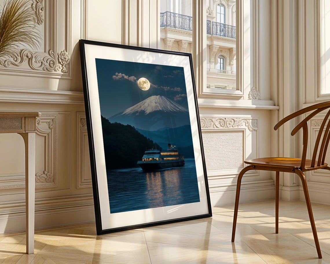 Moonlit Mount Fuji Night Cruise Ship Glowing Lake Scene Poster - Image 3