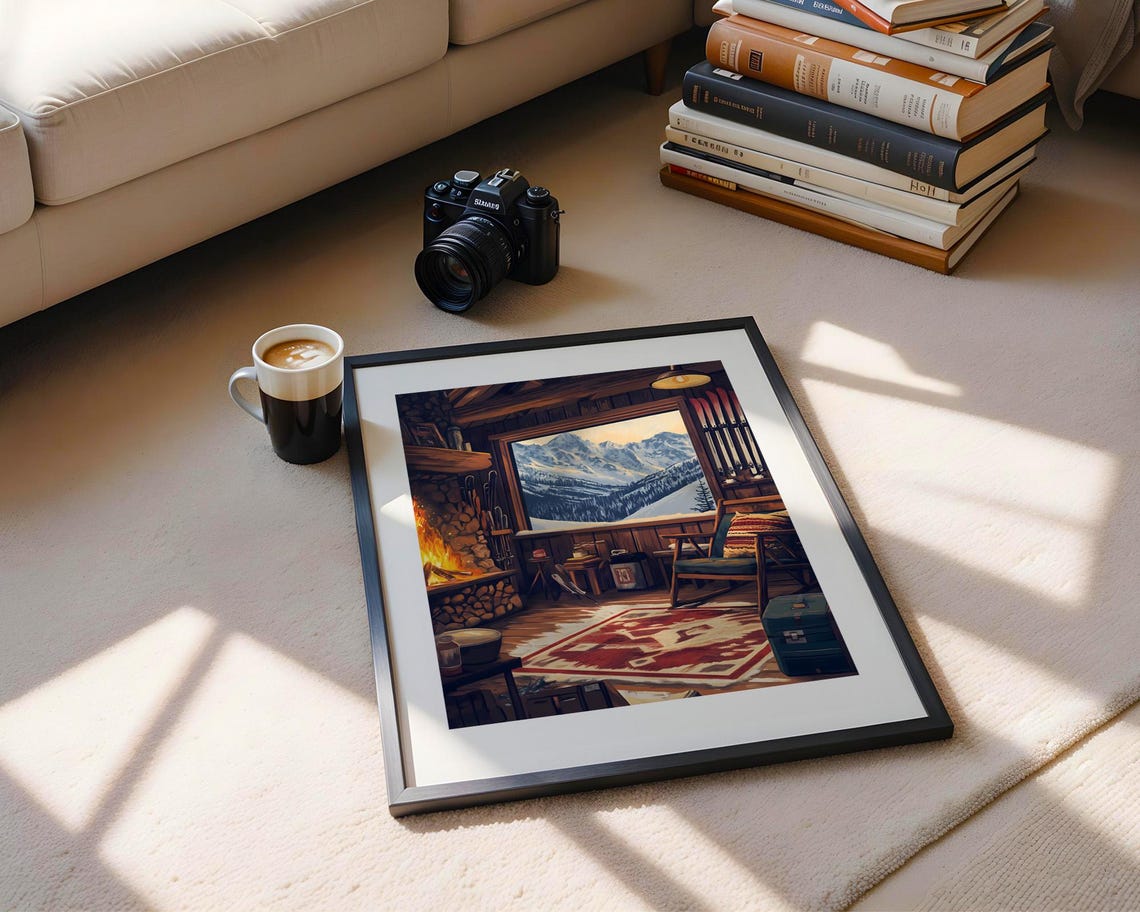 Cozy Ski Cabin Interior Fireplace Mountain View Lodge Poster - Image 5