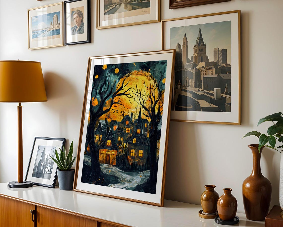 Haunted Village Harvest Moon Spooky Night Halloween Scene Poster - Image 3
