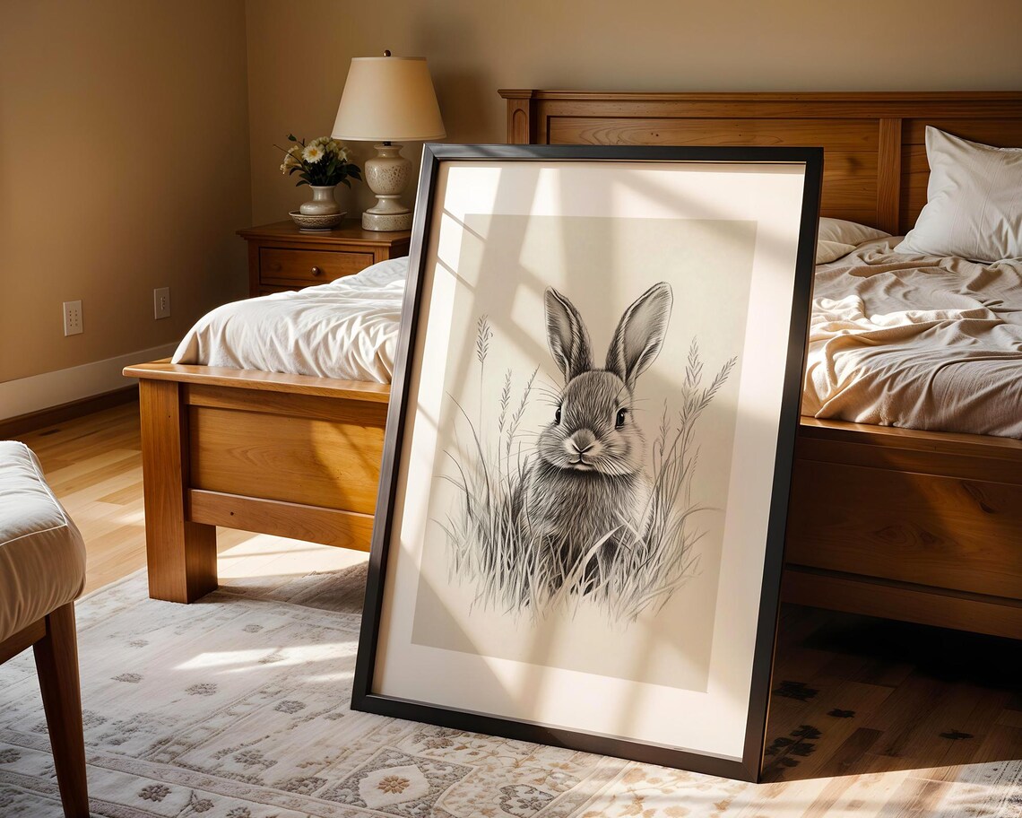 Detailed Pencil Sketch Rabbit in Meadow Grass Poster for Nursery Walls - Image 4