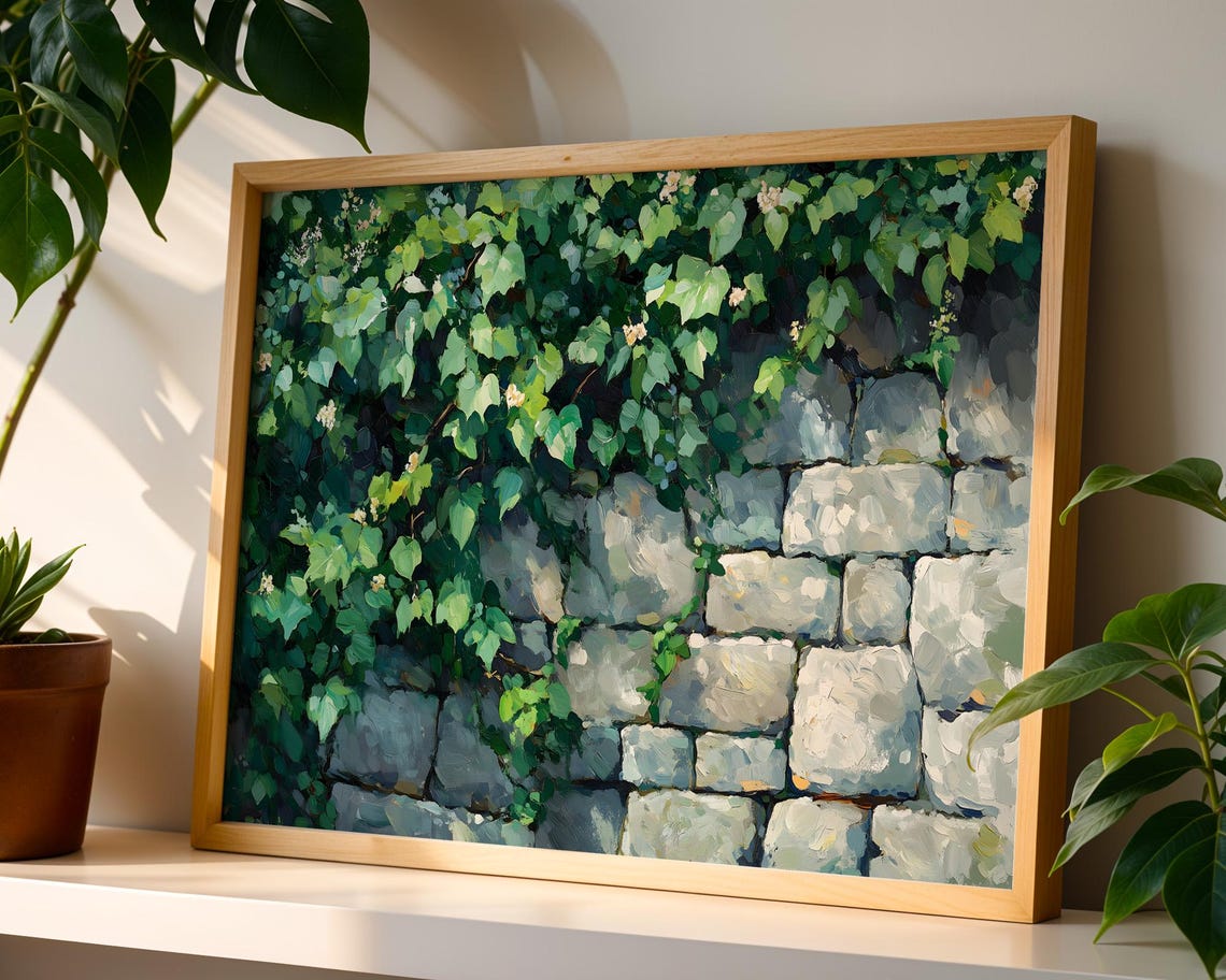 Green Ivy Cascading Over Rustic Stone Wall Botanical Art Poster - Image 3