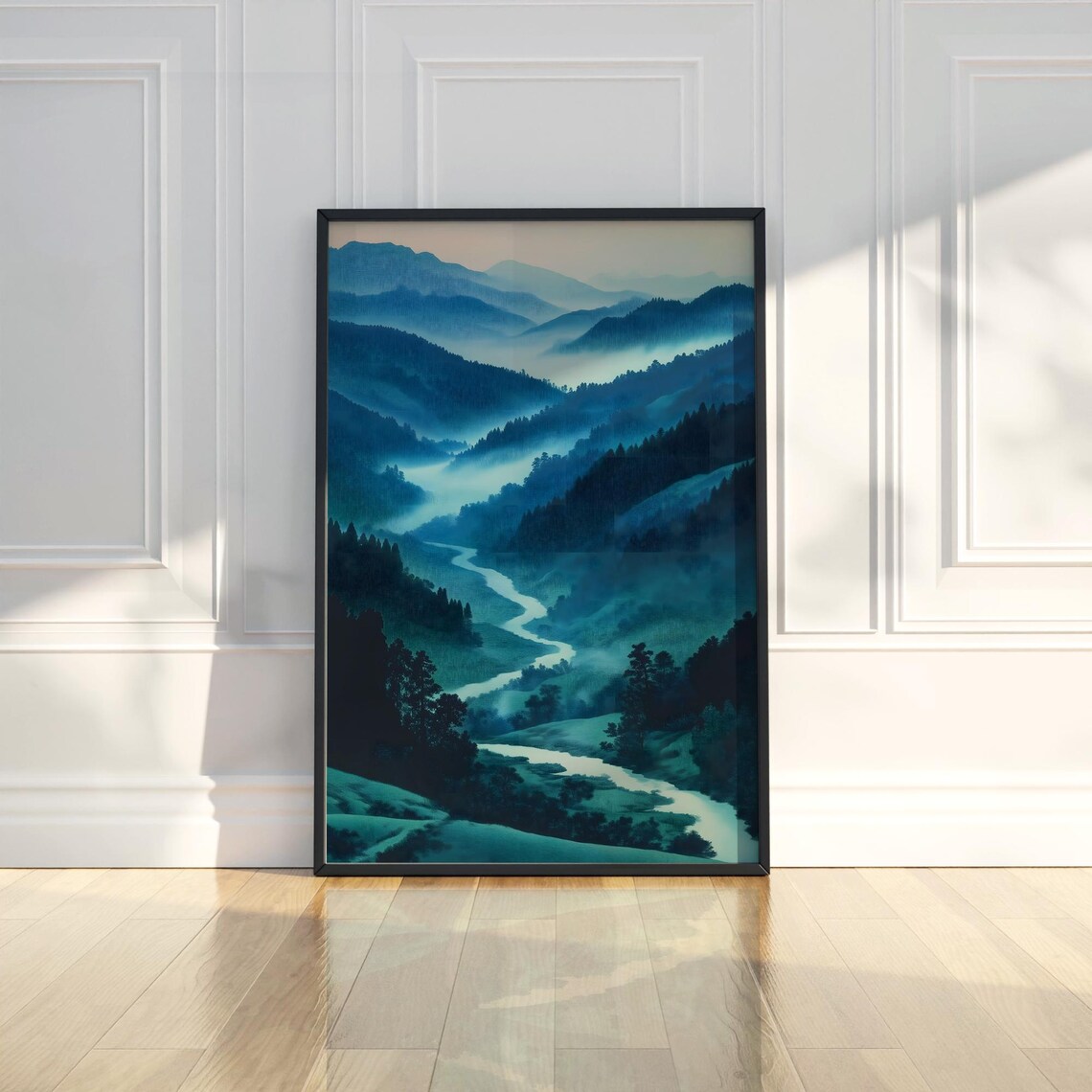 Misty Teal Mountain Valley River Winding Landscape Nature Poster