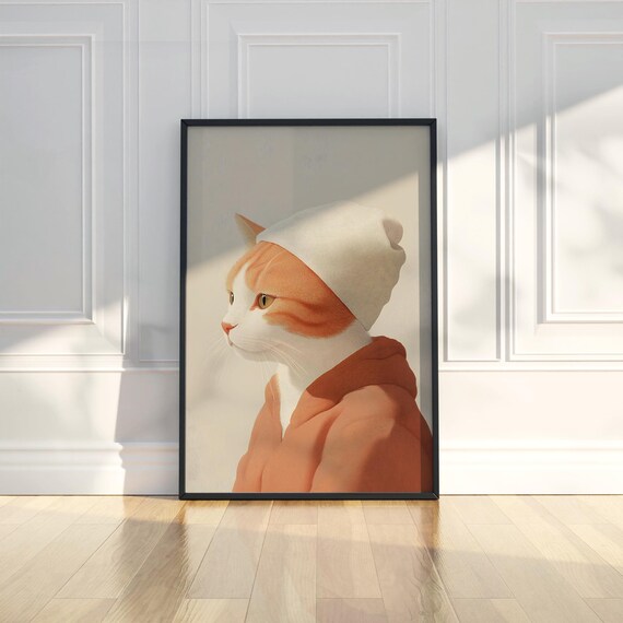 Funny Orange Cat In Beanie And Sweater Realistic Pet Portrait Poster