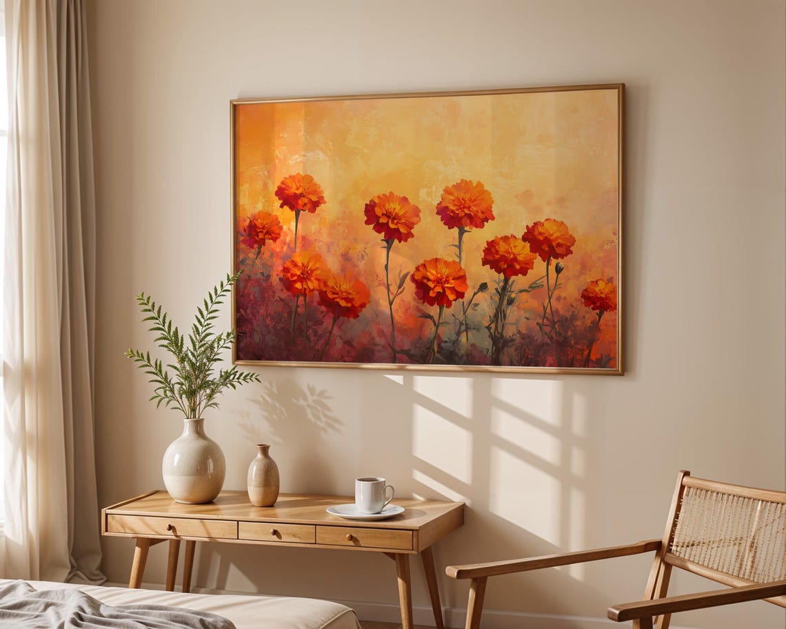 Vibrant Orange Marigold Flowers Golden Yellow Background Art Poster - Image 4