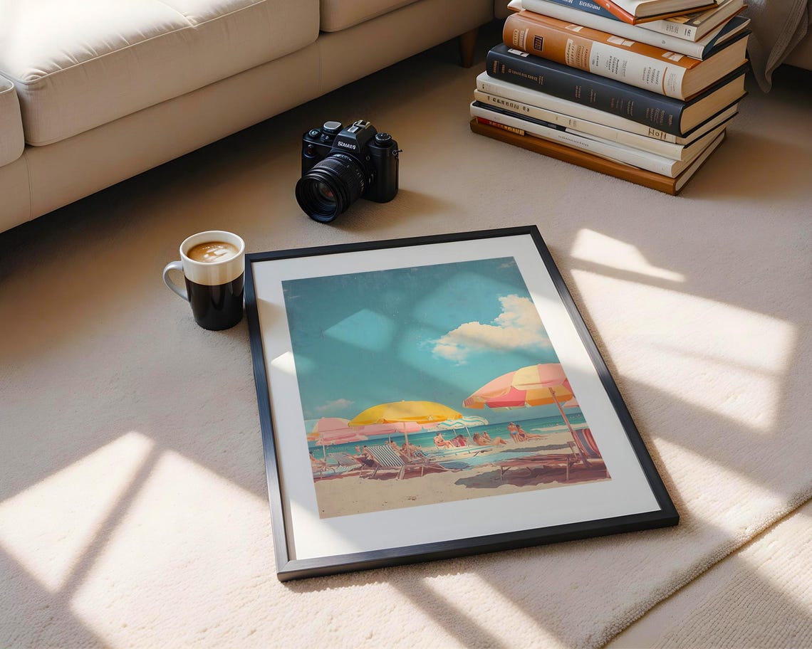Pastel Beach Umbrellas And Sunbathers Aerial Summer Coast Poster - Image 5