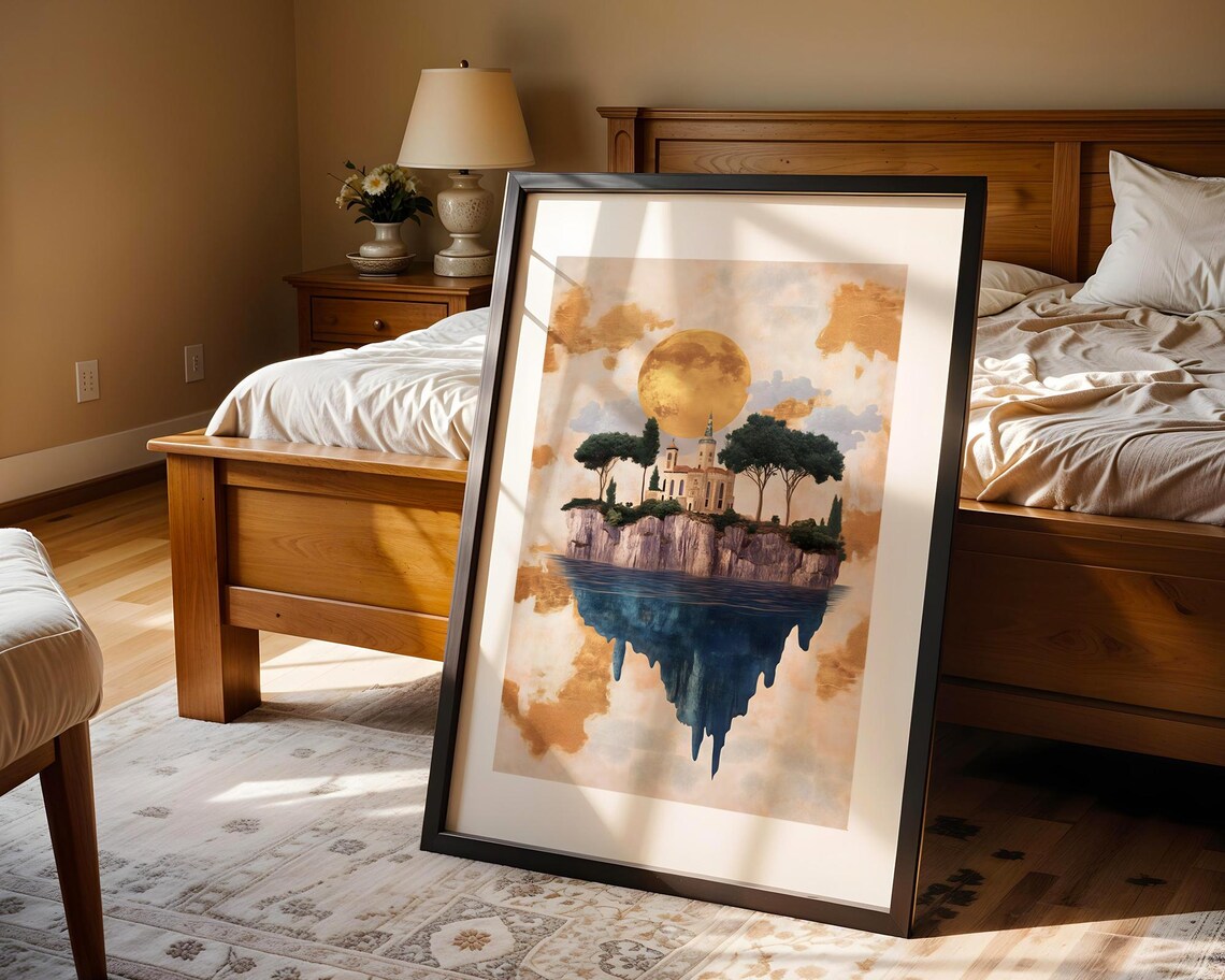 Floating Island Castle Golden Moon Dreamy Fantasy Landscape Poster - Image 4