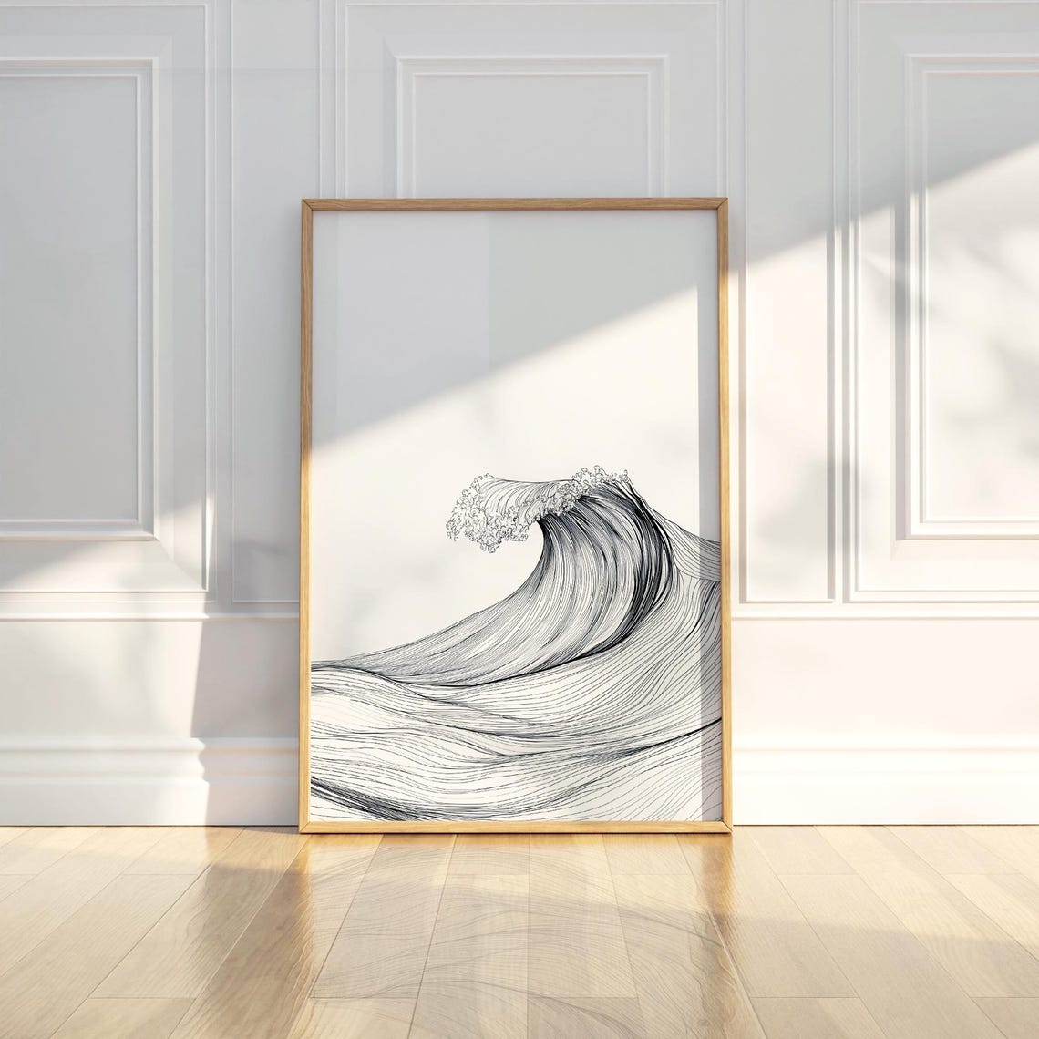 Minimalist Ocean Wave Line Art Black White Japanese Style Poster