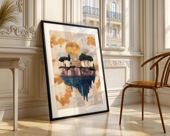 Floating Island Castle Full Moon Fantasy Art Print Trendy Wall Room Decor Modern Home Prints