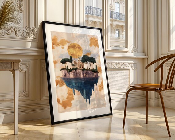 Floating Island Castle Golden Moon Dreamy Fantasy Landscape Poster