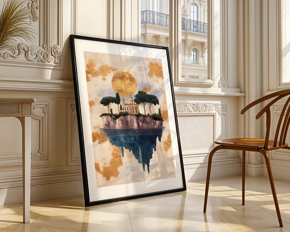 Floating Island Castle Golden Moon Dreamy Fantasy Landscape Poster