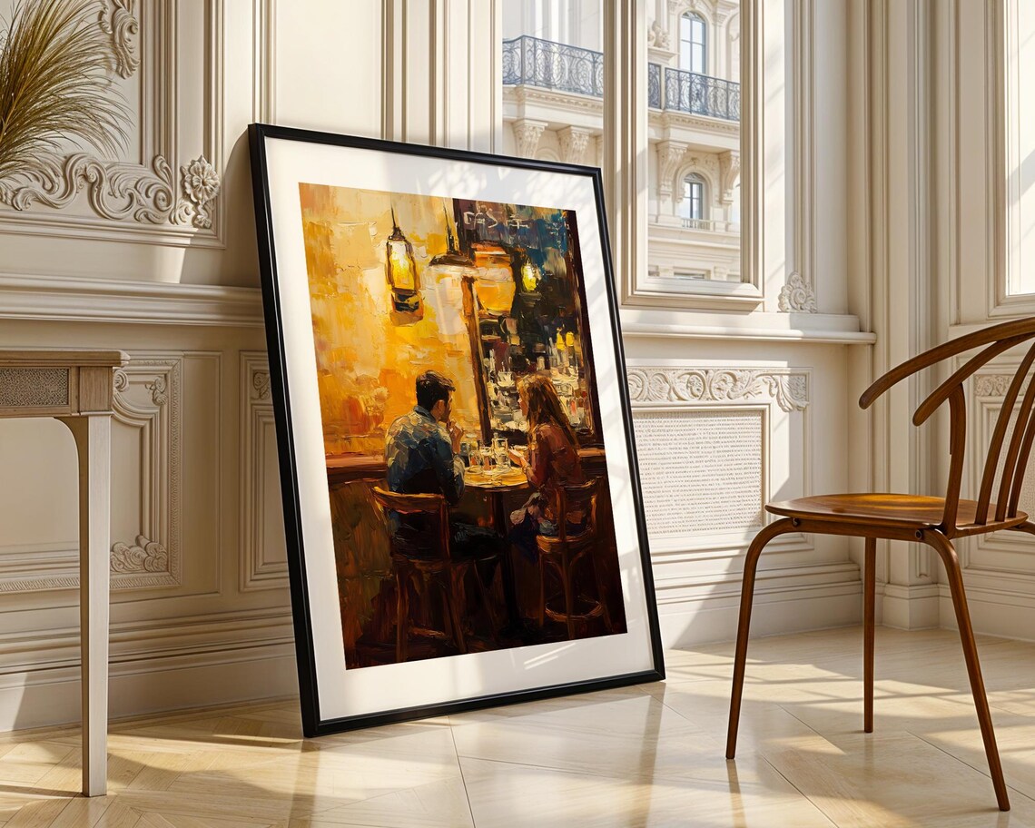 Romantic Couple Night Bar Warm Lamp Light Intimate Oil Painting Poster - Image 3