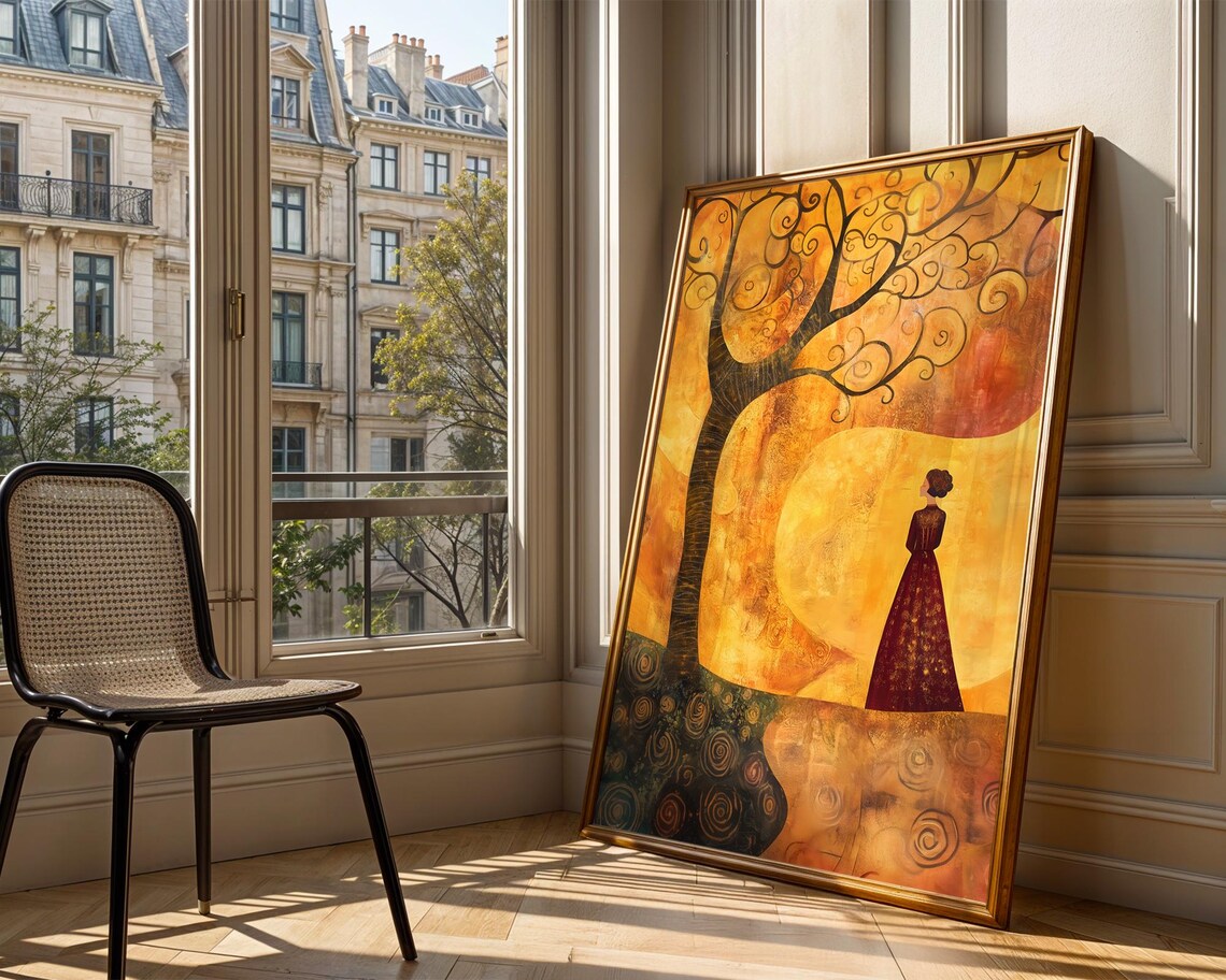 Golden Klimt Style Tree Swirling Branches Woman Red Dress Art Poster - Image 3