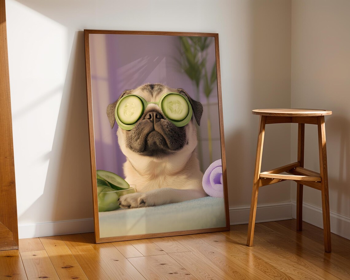 Pug Spa Cucumber Eyes Funny Relaxing Dog Portrait Humor Art Poster
