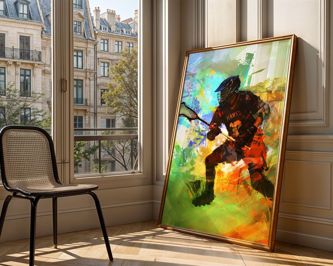 Colorful Lacrosse Player Number 13 Hawks Watercolor Sports Print - Image 3