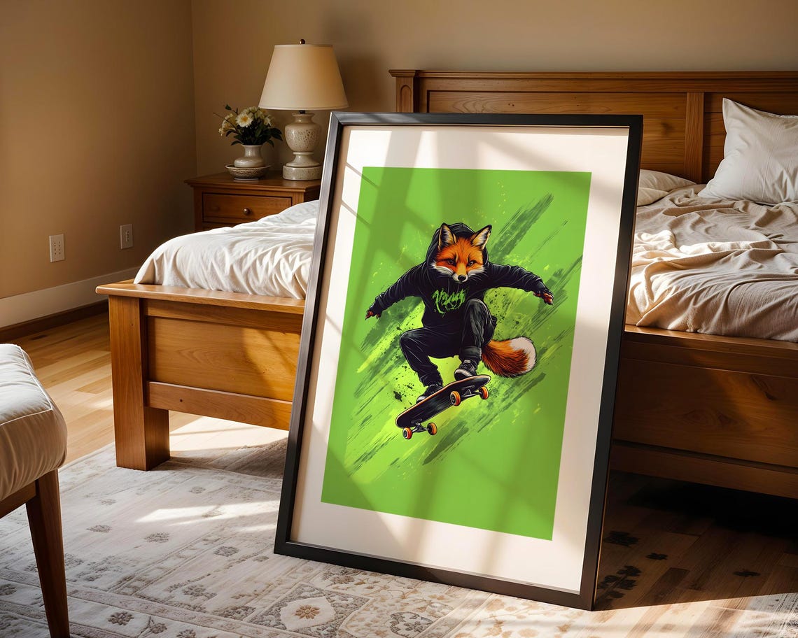 Skateboarding Fox Black Hoodie Jump Bold Green Graffiti Style Poster - Image 5