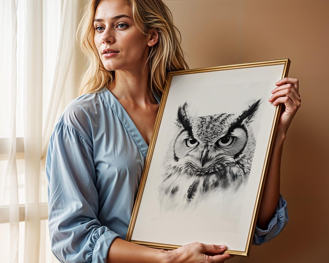 Detailed Great Horned Owl Portrait Monochrome Wildlife Sketch Poster - Image 2