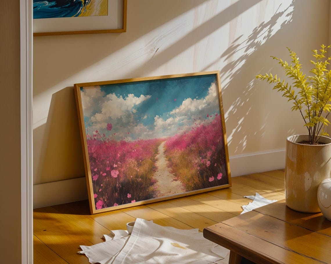 Pink Cosmos Meadow Path Teal Sky Dreamy Wildflower Art Poster - Image 3