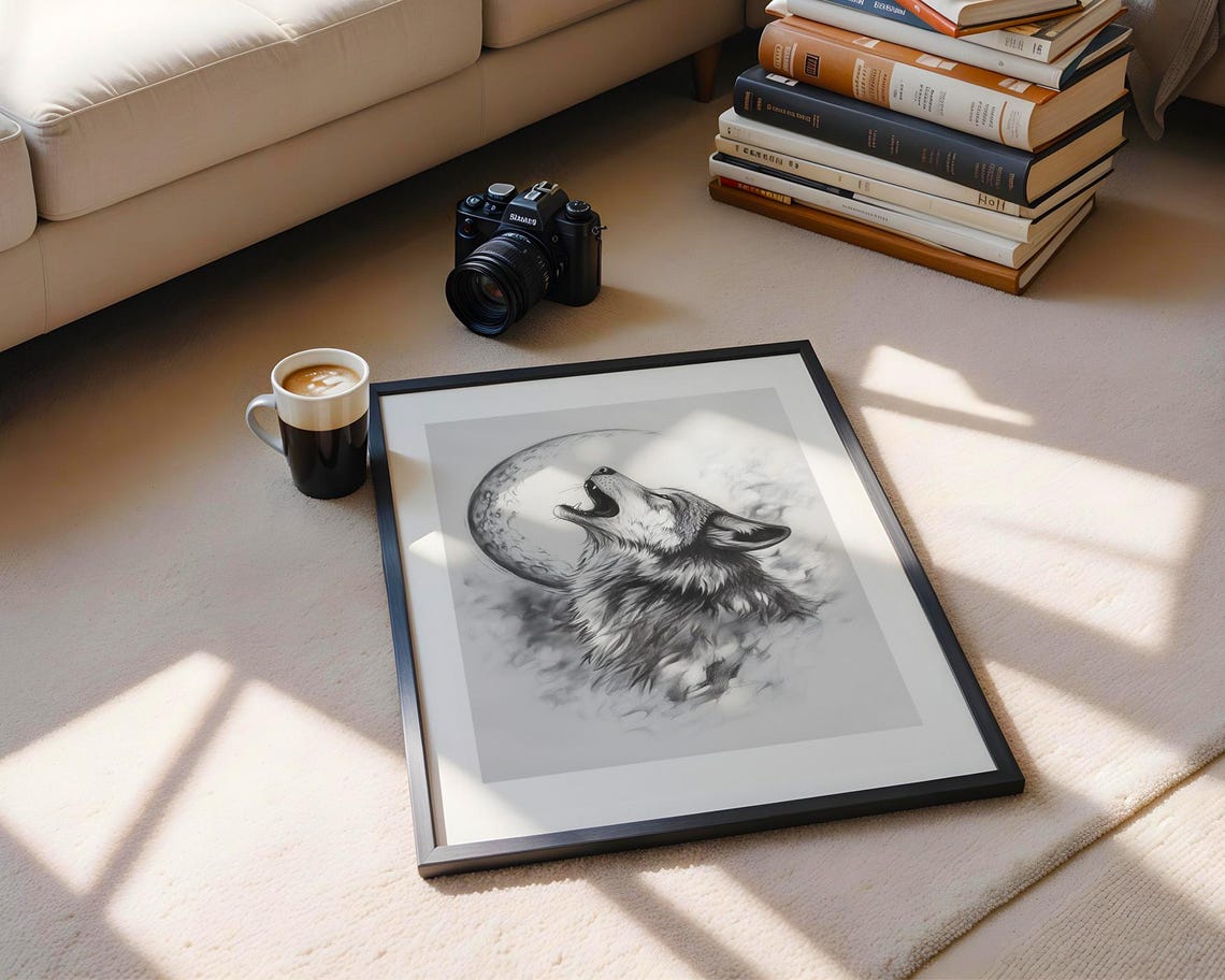 Howling Wolf With Crescent Moon Monochrome Wildlife Sketch Poster - Image 5