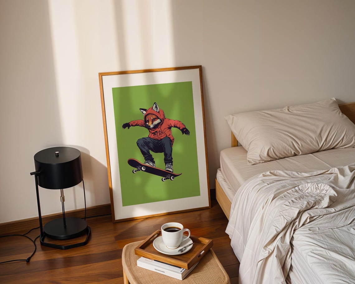 Skateboarding Fox Red Hoodie Kickflip Trick Fresh Green Skater Poster - Image 2