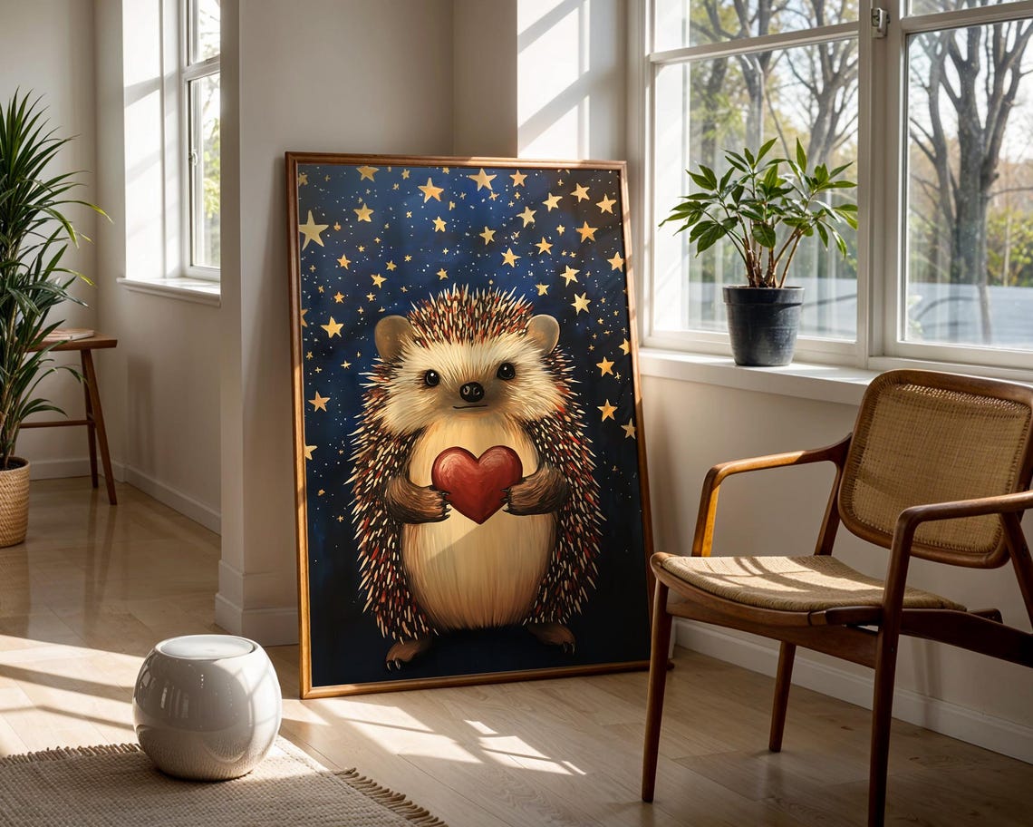 Hedgehog Holding Red Heart Under Gold Stars Night Sky Poster - Image 3