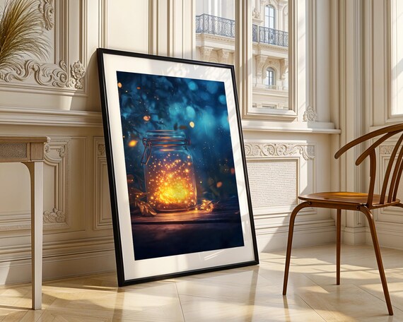 Fireflies Glowing In A Glass Jar Deep Blue Forest Night Poster