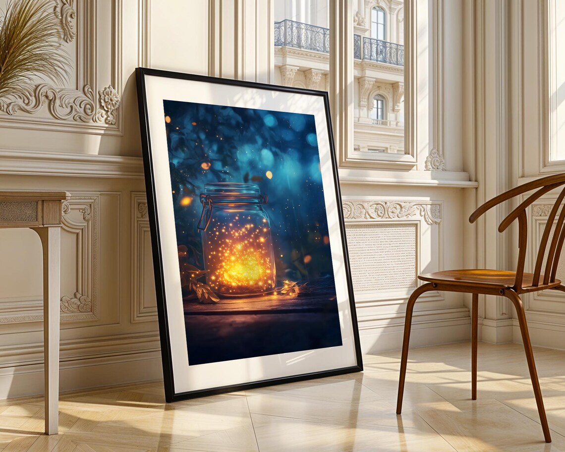 Fireflies Glowing In A Glass Jar Deep Blue Forest Night Poster