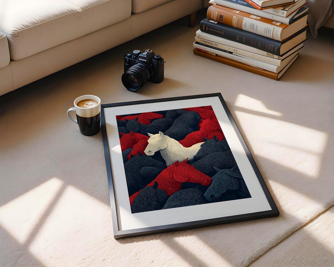 White Horse Standing Out Among Dark Red Horses Dramatic Poster - Image 5