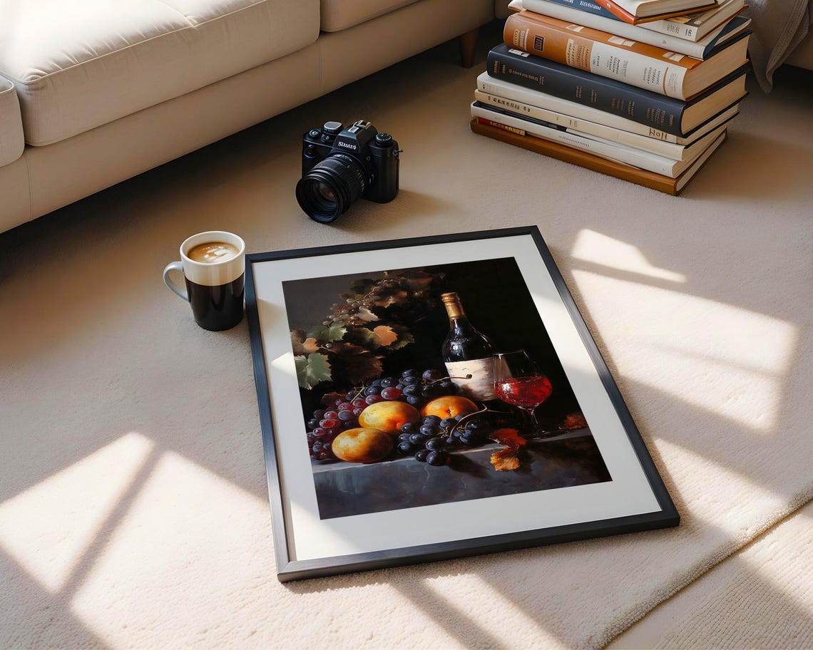 Wine Bottle Grapes Dark Still Life Oil Style Classic Dining Poster - Image 3