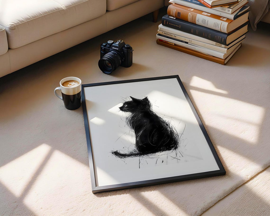 Black Cat Silhouette Ink Sketch Minimalist Feline Animal Wall Art - Image 6
