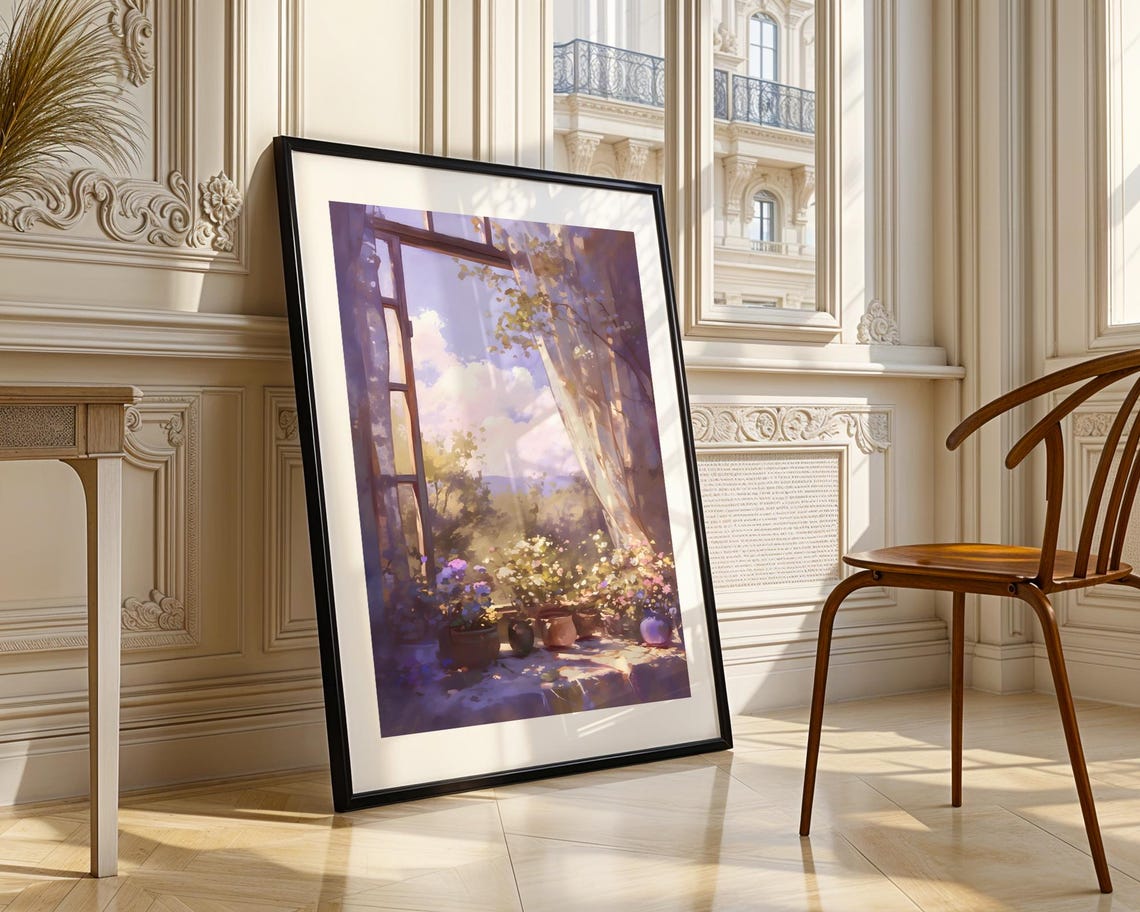 Open Window Flower Pots Dreamy Watercolor Interior Art Poster - Image 3
