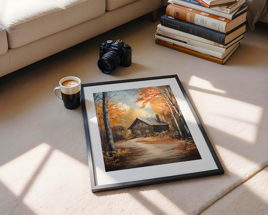 Autumn Forest Log Cabin Fall Foliage Cozy Landscape Painting Poster - Image 5