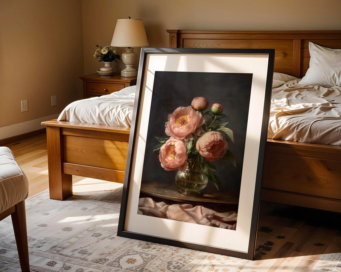 Pink Peonies Vase Moody Dark Background Vintage Still Life Poster - Image 4