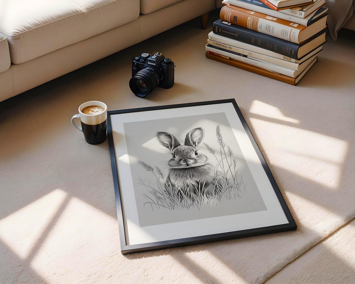 Minimalist Cute Easter Bunny Nursery Line Art Drawing Sketch Wall Print Black White Modern Home Kids Room Decor Gift - Image 5