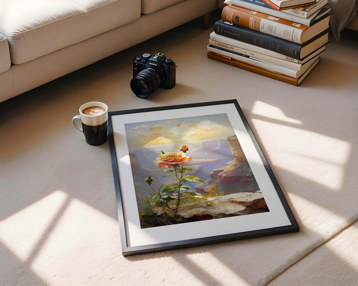 Peach Rose Canyon Sunset Cliff Floral Oil Style Painting Poster - Image 5