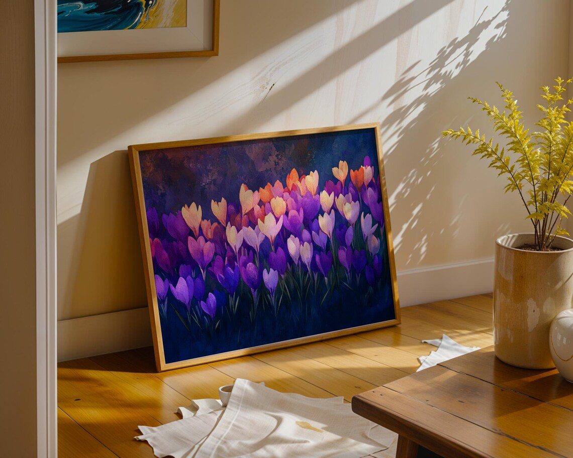 Vibrant Crocus Bloom Field Purple And Orange Moody Floral Poster - Image 5