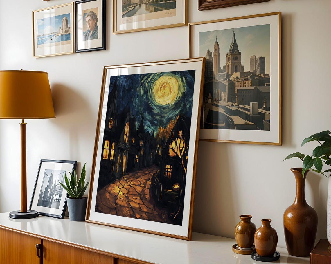 Moonlit Cobblestone Street Night Village Scene Old Town Poster - Image 3