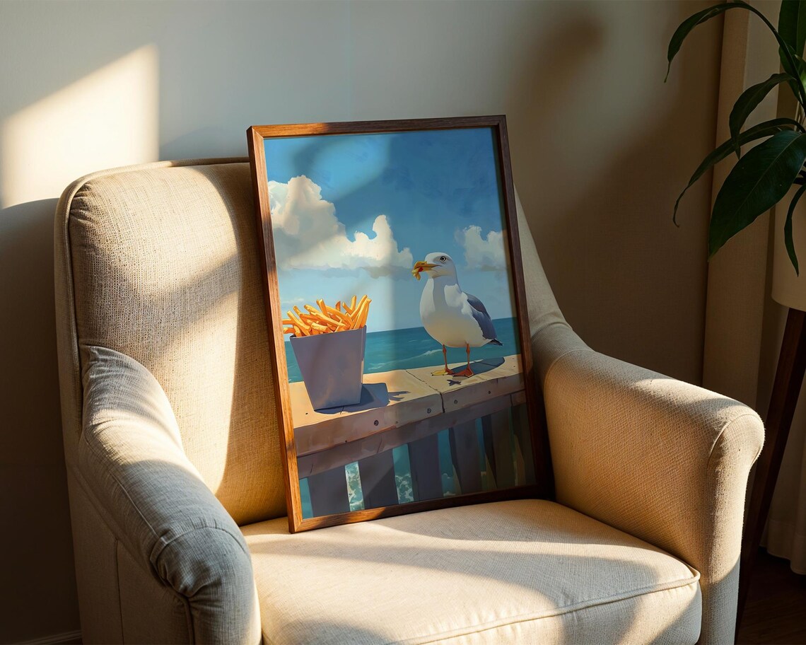 Seagull Stealing French Fries Sunny Pier Ocean Beach Humor Poster - Image 2