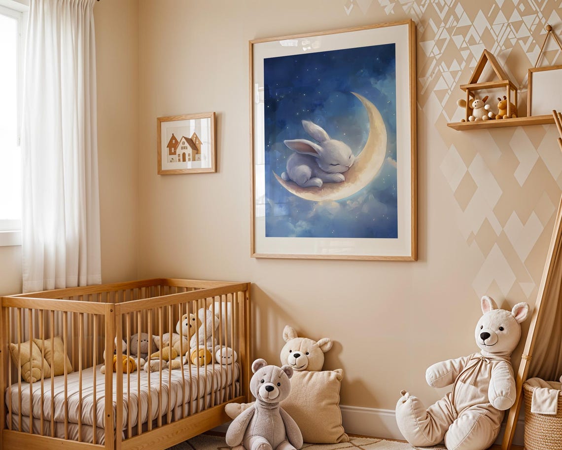 Sleeping White Bunny on Moon Starry Night Nursery Art Poster - Image 4
