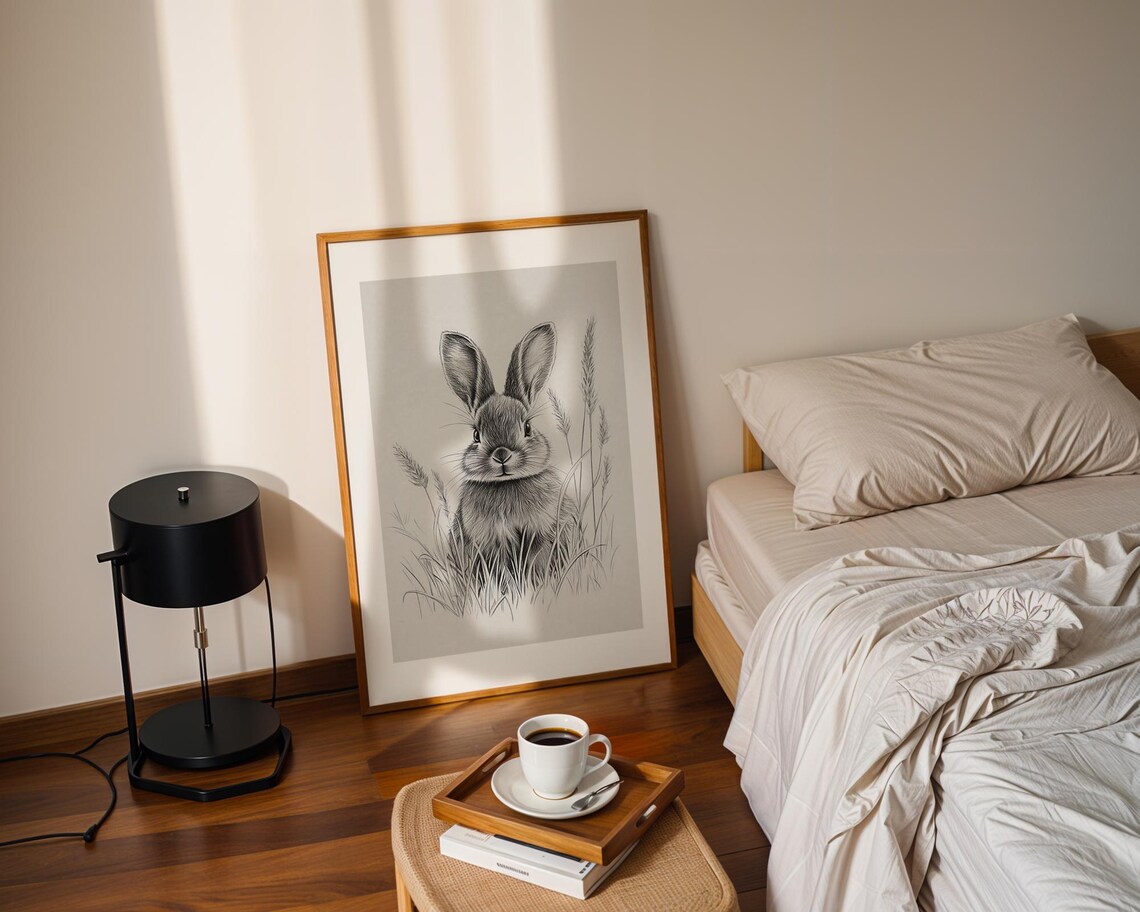 Cute Gray Bunny Pencil Sketch Grass Woodland Animal Art Poster - Image 2