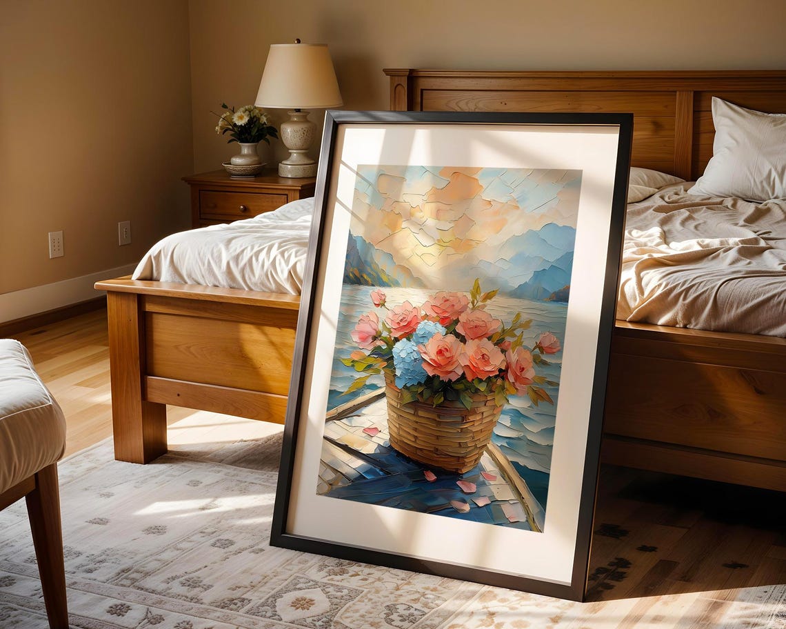 Pink Roses Blue Hydrangea Basket Lakeside Mosaic Style Poster - Image 4